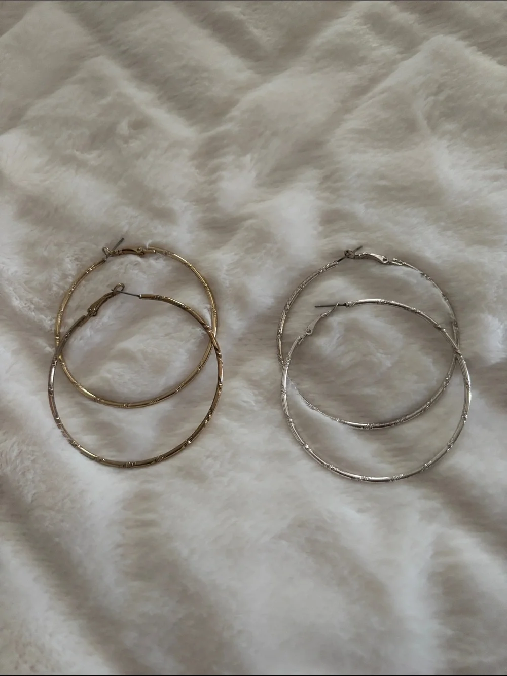 Gold and Silver Textured Hoop Earrings - Women's Fashion Jewelry